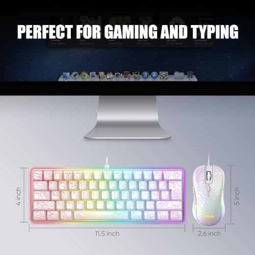 RedThunder 60% Gaming Wired Keyboard and Mouse Combo, Ultra-Compact 61 Keys RGB Backlit Small Keyboard, Lightweight 7200 DPI Optical Mouse, RGB Gaming Set for PC MAC PS5 Xbox Gamer(White Contour Line)