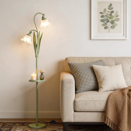Funky Flower Floor Lamp with Table, Adjustable Gooseneck Floor Lamp with 3 Color Temperature, LED Bright Standing Lamp for Living Room, Bedroom, Corner, for Girl Women（Matcha Green）