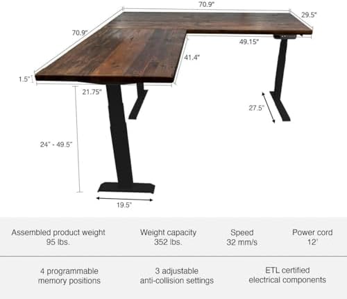Stand Up Desk Store Reclaimed Wood Electric L-Shaped Corner Standing Desk with EZ Assemble Frame (Black Frame/Reclaimed Natural Fir Top, 71" W x 71" D)