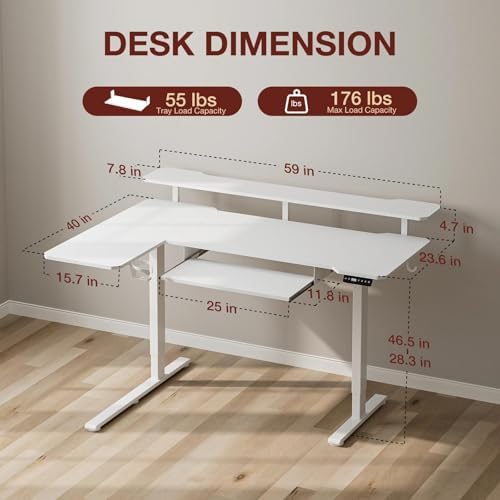 Acrolix 59" L Shaped Standing Desk with Shelves Keyboard Tray,White