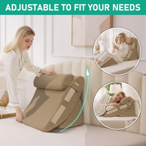 4PCS Wedge Pillow Set for After Surgery, Orthopedic Bed Wedge Pillow for Back Pain Relief, Sitting Up in Bed, Acid Reflux, Adjustable Post Surgery Pillows for GERD, Snoring, Brown
