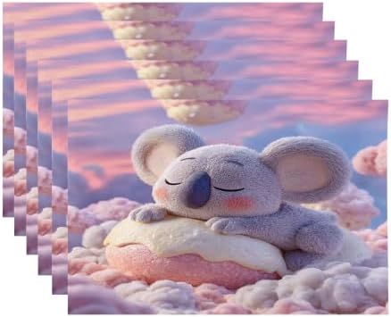Koala Marshmallow Dreamy Placemats, Cute On Sweet Cloud Place Mats for Dining/Kitchen Table Waterproof Washable Linen Heat Insulation Dinner Table Mats 12X18 in 6 Pcs