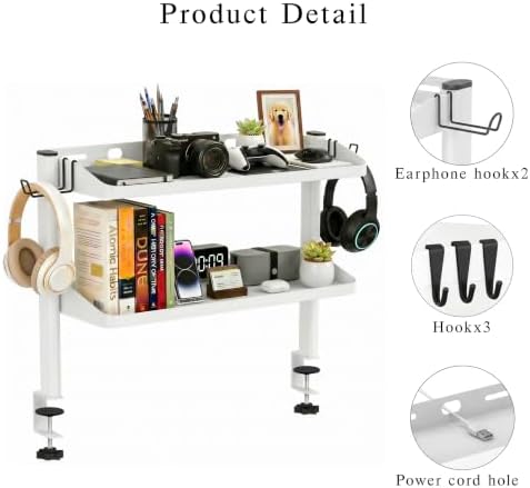 Clamp on Desk Shelf White, 24in 2-Tier Office Desk Shelves Organizer, Shelf for Top of Desk with Headphone Holder and Hooks, Desktop Storage Rack for Home Workspace, Study Rooms, Gaming Accessories