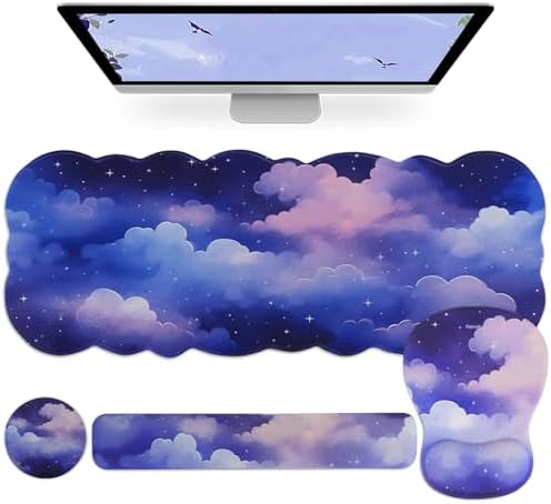 Petmolico Desk Pad Set with Wrist Rest for Keyboard & Mouse, Cloud Sky