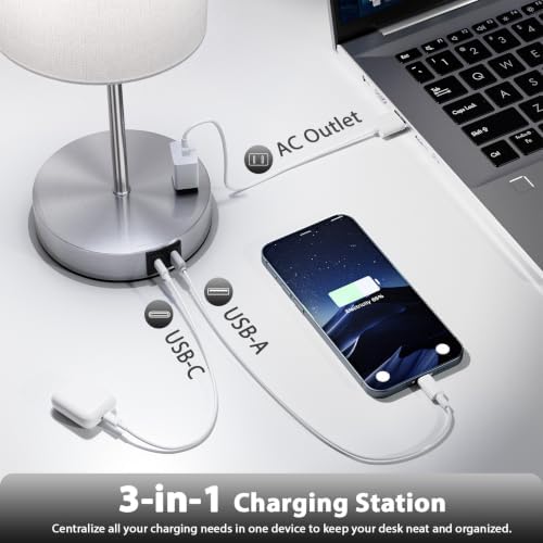 17.6" Grey Touch Lamps for Bedroom Set of 2 - Dimmable, USB C+A, AC Outlet