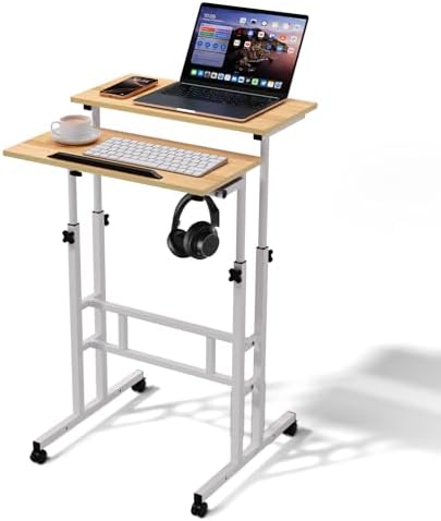 Magshion Rolling Standing Desk with Wheels, Height Adjustable Laptop Desk for Walking Pad, Mobile Workstation with Tilt Top, 28" to 46" Height Range for Home Office & Small Spaces, Natural