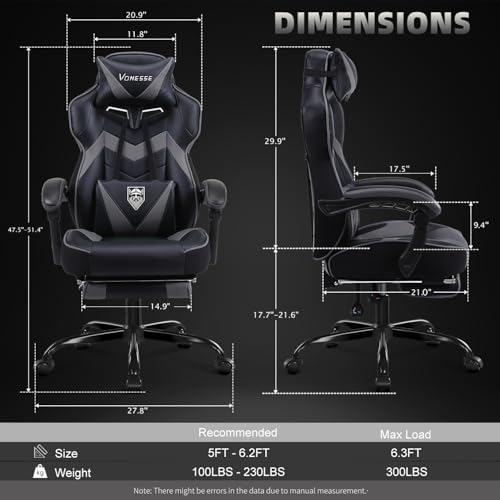 Vonesse Gaming Chair, High Back Gaming Chair with Footrest and Massage, Gaming Chairs for Adults with Pocket Spring Cushion, Big and Tall Reclining Computer Chair with Lumbar Support (Grey/Black)