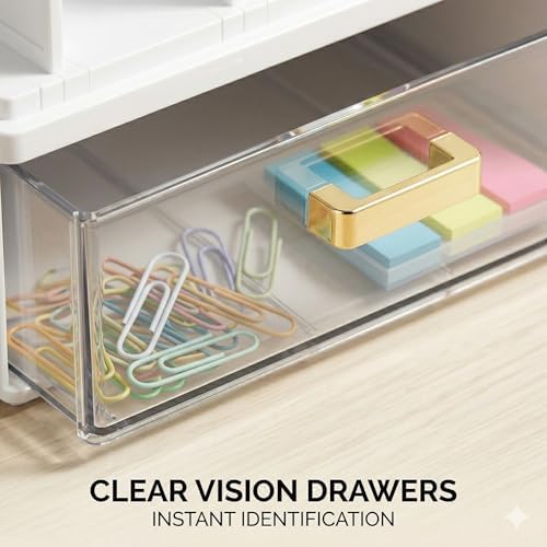 CiWiVOKi Desk Organizer with 4 File Slots and 2 Drawers, White