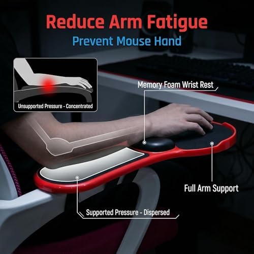 Ergonomic Adjustable Chair Arm Rest Mouse Pad with Wrist Cushion,Mouse Extension Platform Tray with Anti-Fall Baffle, Chair Attachment Arm Support with Straps (Red)