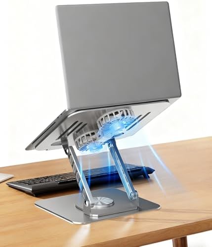 Laptop Stand for Desk with Quiet Cooling Fans - 360 Rotating Base Ergonomic Computer Stand, Aluminum Laptop Riser Foldable Protable for Office Home fits MacBook Air Pro, Dell, HP (10-17.3'') (silver)