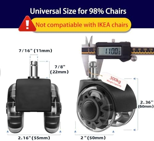 Hirate 2 inch Office Furniture Casters 7/16 inch Stem Dual Rubber Wheel