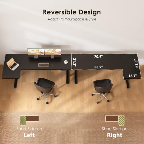 OffiGo 71" Reversible L Shaped Electric Standing Desk, Carbon Fiber Black