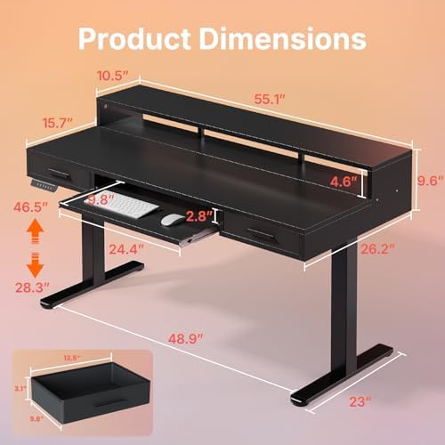 HUANUO 55″ X 26″ Electric Standing Desk with 2 Drawers &24.4″ Large Keyboard Tray, C-Clamp Mount Compatible, Adjustable Computer Desk for Office, Sit Stand Up Desk with 4 Height Presets, Black