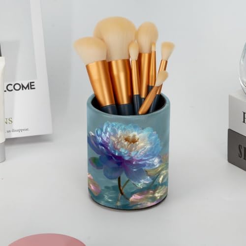 Leather Pen Holder for Desk, Water Lily Pencil Cup Pen Organizer Makeup Brush Holder for Office Home Kids Countertop Desk Accessory Storage
