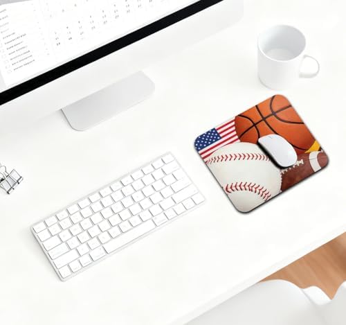 9.5x7.9 Inch Office/Gaming Mouse Pad, America’s Favorite Sports Baseball Basketball Football American Flag, Cute Anti-Slip Mat for Desk Decor