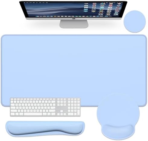 Dapesuom Large Gaming Mouse Pad, Mouse Pads with Wrist Rest Wrist Support, 4in1 Big XXL Desk Mat Desk Pad + Ergonomic MousePad + Memory Foam Keyboard Mat Wrist Rest + Coaster Set for Computer,Sky Blue
