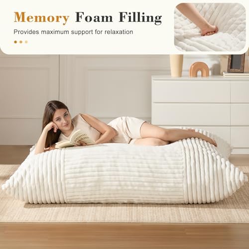 3-in-1 Giant Bean Bag Chair for Adults & Kids, Convertible Floor Sofa to Mattress, High-Density Foam Chair Bed with Washable Cover, Multi Functional Lounge Couch for Bedroom, Living Room (Beige)