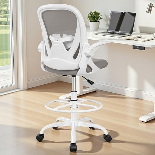 Ergonomic Drafting Chair with Flip-Up Armrests & Adjustable Footrest – Tall Office Chair for Standing Desks, Lumbar Support, Gray – Home & Office Comfort