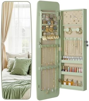 Nicetree Rounded Mirror Jewelry Cabinet, Lockable, Wall Mounted, Green