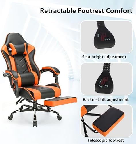 Big and Tall Gaming Chair with Footrest, Ergonomic Computer Desk Chair with Lumbar Support & Headrest, High Back PU Leather Gaming Office Chair, Reclining Swivel Task Chair for Office or Gaming