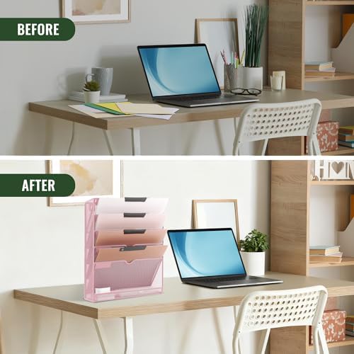 EASEPRES 6 Tier Mesh Hanging Wall File Organizer, Desk Vertical Mail Paper Document Folder Holder Rack with Bottom Tray and Nametag Label for Office Home School, Pink