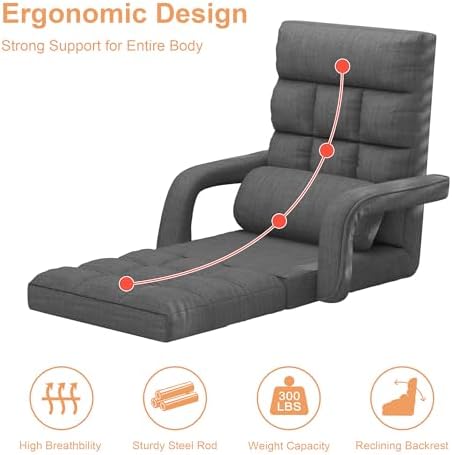 Adjustable Floor Gaming Chair for Adults, 6-Position Chaise Lounge Chair with Meditation Arm, Foldable Lazy Sofa with Pillow, Comfy Chair Indoor for Bedroom Dorm Living Room, Charcoal