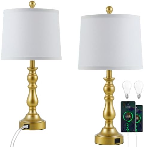 Gold Table Lamps Set of 2, Gold Lamps for Bedroom, USB C+A Ports
