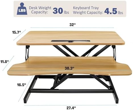 32 Inch Height Adjustable Stand Up Desk Riser, Heavy Duty Computer Workstation with Removable Keyboard Tray - Ergonomic Design for Home Office Workshop Gaming, Spacious Platform(Natural)