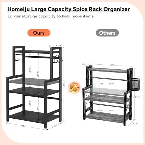 Kitchen Countertop Organizer, 3 Tier Large Spice Rack Organizer with Adjustable Shelf and 5 Hooks, Wooden Counter Organizer, Space Saving Countertop Shelf Microwave Stand for Kitchen,Coffee Bar,Black