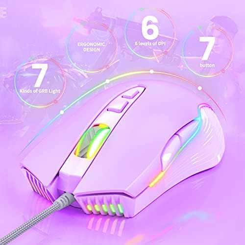 RGB Gaming Mouse Wired, 6400 DPI & 7 Buttons, Lilac