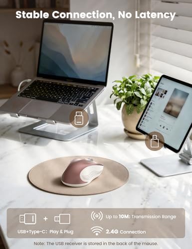 WisFox 2.4GHz Wireless Mouse for Laptop, Ergonomic 6-Button, Rose Gold