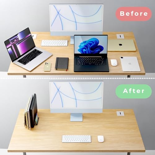 Vertical Laptop Stand Holder 5 Slots, Aluminum Space-Saving Laptop Holder, Adjustable Size Dock Tabletop Desk Organizer 3 Slot + 2 for Apple MacBook/Surface/PC/Tablet/iPad/iPhone (Space Gray)