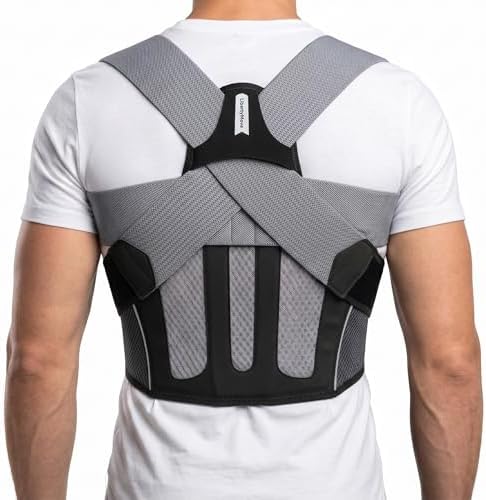 Posture Corrector for Men, Adjustable Upper Back Brace with Breathable Mesh Back, 4 Flexible Support Stays & Underarm Fit Adjustment, Back Straightener Helps Reduce Slouching Strain for Desk Work, Sitting, Reading & Posture Training
