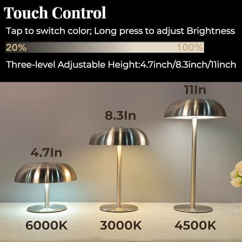 Cordless 11" Mushroom Table Lamp with Dimmable 3 Color, 5200mAh, Black