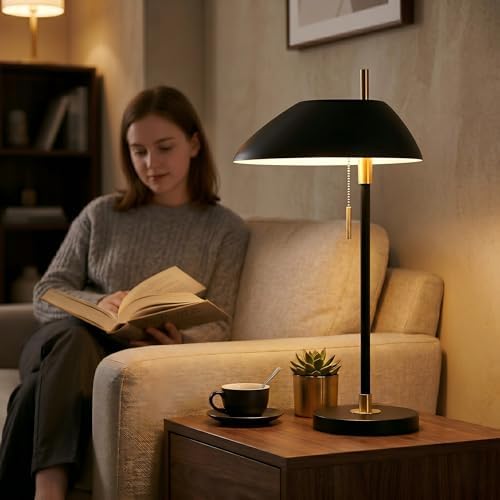 Modern Vintage Black Table Lamp, Industrial Minimalist All-Metal Bedside Lamp with Pull Chain Switch, Decorative Nightstand Lamp for Bedroom, Living Room, Office, E26 Bulb Base