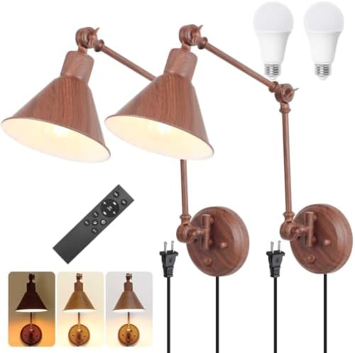 TRLIFE Dimmable Wall Sconce, Remote Control Plug in Wall Sconce Dimming 10%-100% and Adjustable Color Temperature 2700K-6000K, Swing Arm Wall Lights with Plug in Cord, UL Listed(2 Pack, Walnut Color)