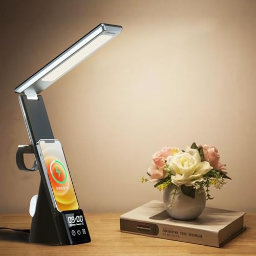 AYI 6in1 Multifunctional Foldable LED Table Lamp with Wireless Charger Digital Alarm Clock Eye-Care Lighting 3 Color Modes 15W Qi Charger for Phone/Headphones, iWatch Charger Compatible-N61 Black.