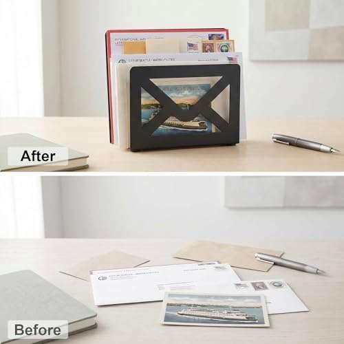 MyGift Black Metal Desktop Mail Organizer Letter Holder Envelope Design