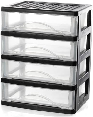 BYCY 4-Drawer Clear Stacking Desktop Organizer for Office Supplies Small Business Organization, Stackable Storage Drawers Plastic Storage Bins For Kitchen Cabinets, Pantry, Home Organization