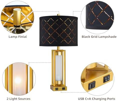 Set of 2 Modern Table Lamps for Living Room Bedroom with USB C+A
