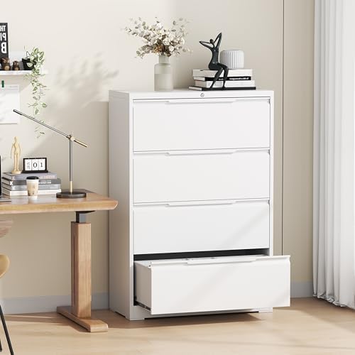 4 Drawer File Cabinet with Lock,Metal File Cabinet for Home Office,Heavy-Duty Steel Locking File Cabinet, Hanging Letter/Legal/A4 Size,Full-Extension Silent Drawer,Un-Assembly,White