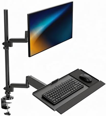 Mount-It! Sit-Stand Monitor Arm Desk Mount with Keyboard Tray, Single Monitor Fits Up to 32”, Height Adjustable Gas Spring, Full Motion Articulating Arm, Clamp or Grommet, Black