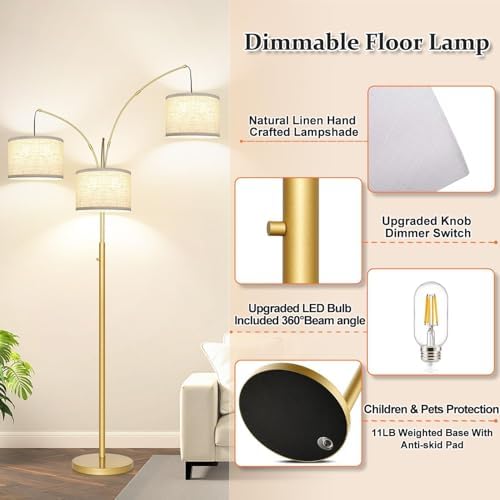 Dimmable Floor Lamp, 3 Lights Gold Arc Floor Lamp, Modern Tall Standing Tree Lamp with White Linen Shades & Heavy Base, 3000LM LED Bulbs, Bright Lighting for Living Room, Bedroom, Office & Reading