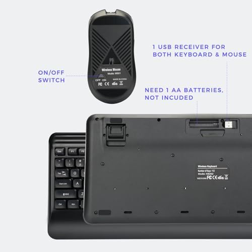 KOPJIPPOM Wireless Keyboard and Mouse Set with Quiet Keys, 2.4G Full Size Ergonomic Keyboard with Wrist Rest, Protective Covers, Soft Touch Silent Design for Windows, Computer, PC and Laptop