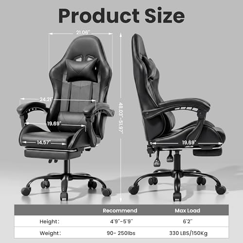 Gaming Chair, Ergonomic Footrest, Lumbar & Headrest(Black)