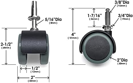 Slipstick CB681 2 Inch Floor Protector Rubber Caster Wheels (Set of 4) 5/16 Inch Stem or Top Plate Mounting Options - Black/Gray Green