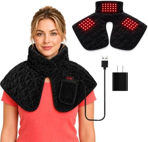 Neck Heating Pad for Neck and Shoulder Pain, 660nm & 850nm LED Shoulder Wrap, Heated Neck Wraps with 3 Heat & 3 Vibration Settings, USB Powered Soft Neck Warmer