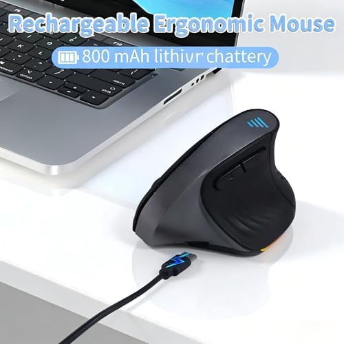 Bluetooth Wireless Dual-Mode Vertical Mouse - Silent Click, Ergonomic Comfort for Office & Home Use, Rechargeable with LED Breathing Light, Compatible with Multiple Devices (Black)