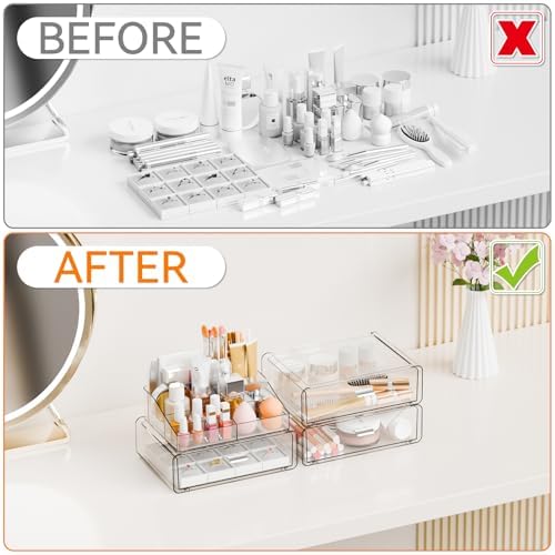 Yieach 4 Tier Clear Acrylic Makeup Organizers with Drawers,Tiered Countertop Make up Storage Organizer for Dresser Top and Bathroom Vanity,Plastic Makeup Stand for Brush,Skincare,Beauty Organizers