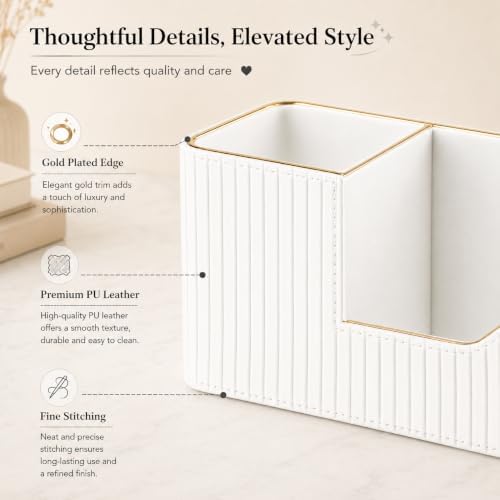 KINGFOM Luxury PU Leather Desk Organizer for Office Accessories, Aesthetic Pen Holder for Desk, Modern Desktop Storage Organizer for Home Office Supplies Cream White with Gold Trim